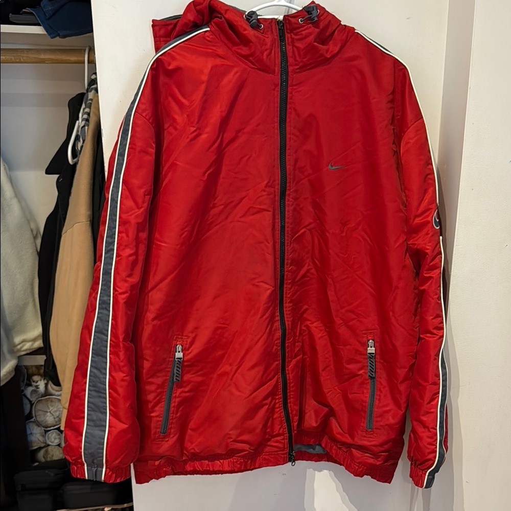 Vtg Nike Red Varsity Bomber Jacket with Athletic Stripes